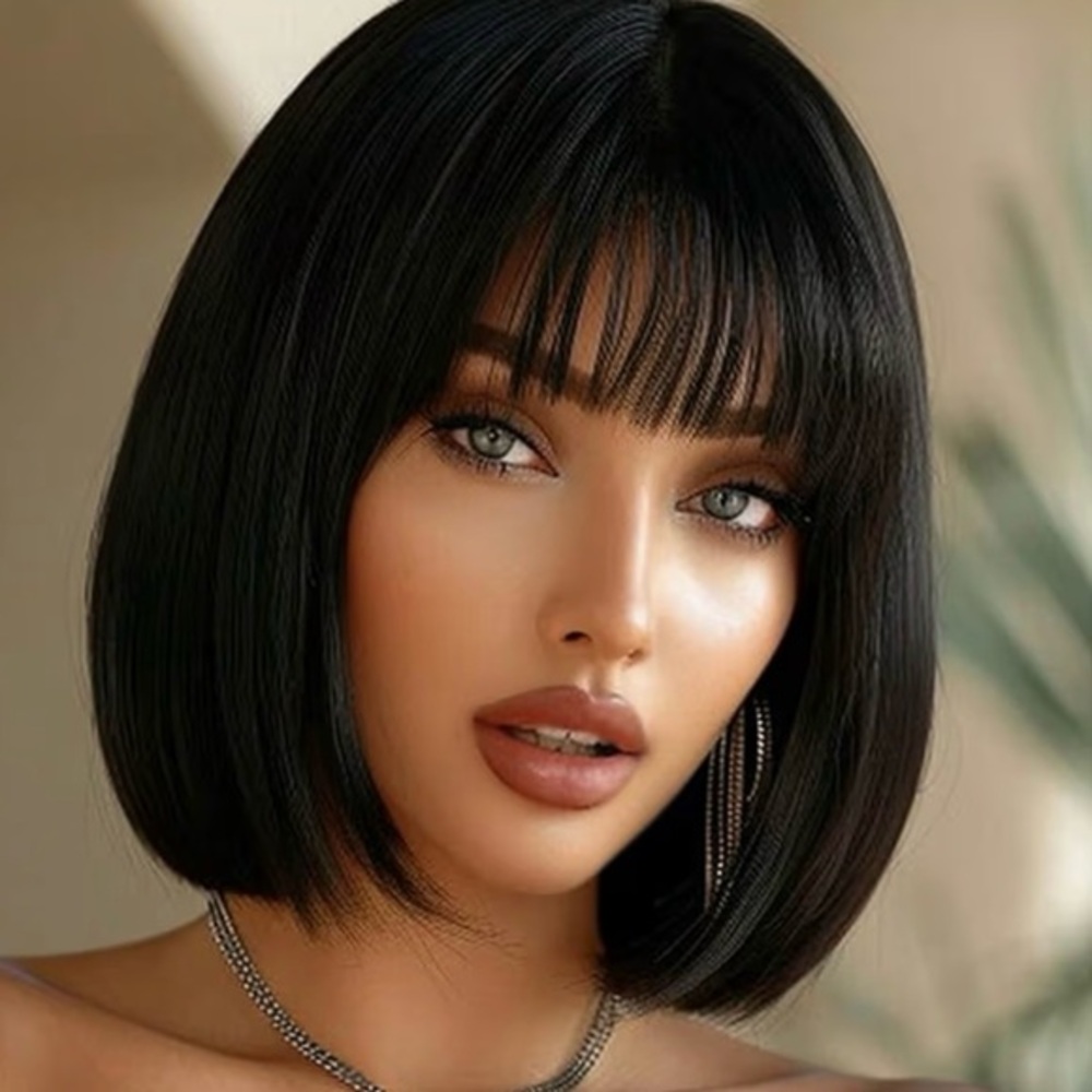 Sleek Black Bob Wig Straight Black 12 Inch Cute Natural Synthetic Hair